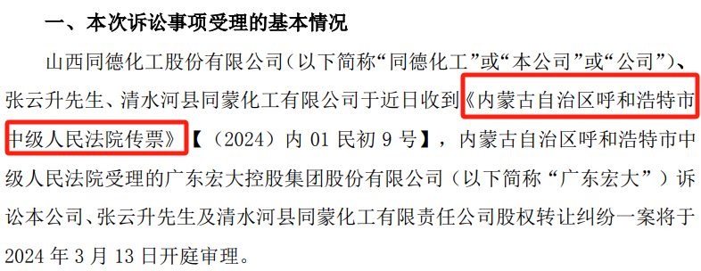 13,同德,傳票,開庭,民事,訴訟 同德化工收到民事訴訟傳票 3月13日開庭